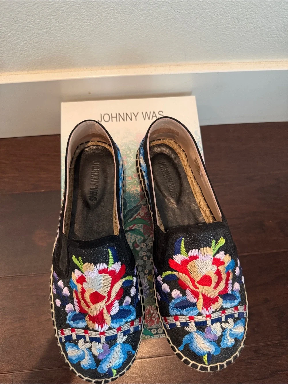 Johnny Was Black Floral Embroidered Espadrille Flats